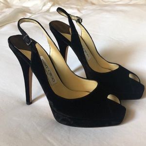 Jimmy Choo Black Velvet Clue Slingback Peep toe